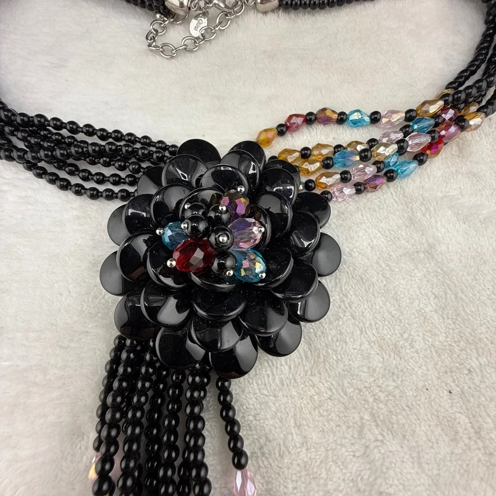 Joan Rivers Necklace Black Glass Floral Tassel Multi Strand 20